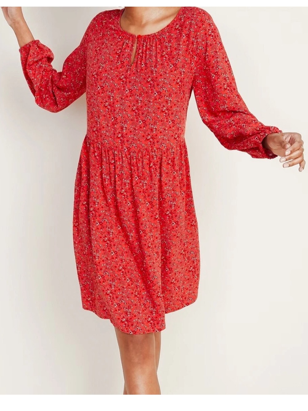 Old Navy Women’s Long Sleeve Keyhole Swing Red Ditsy Floral Dress